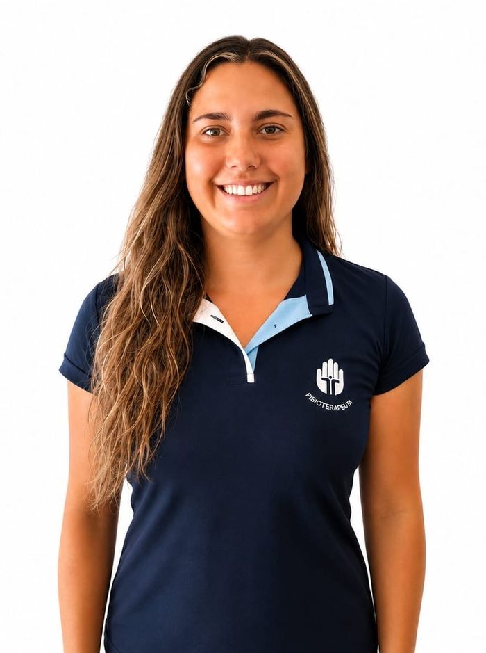Retrato de Inês Costa, fisioterapeuta, de polo azul-escuro, a sorrir.